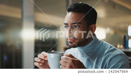 Coffee, reading and glasses with business man in office for research, caffeine break and night. Online, drink and overtime with male person and mug in agency for project, planning and beverage Coffee, reading and glasses with business man in office for research, caffeine break and night. Online, drink and overtime with male person and mug in agency for project, planning and beverage 142047984