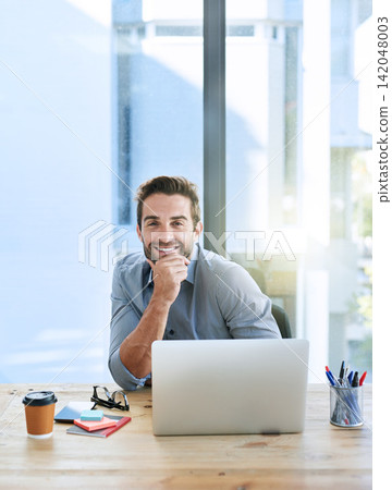 Portrait, smile or business with laptop, man or employee with professional startup in modern office. Face, magazine editor or journalist with computer, publisher or confidence for article research Portrait, smile or business with laptop, man or employee with professional startup in modern office. Face, magazine editor or journalist with computer, publisher or confidence for article research 142048003