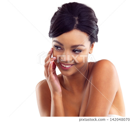 Black girl, makeup and happy in studio for beauty with eye lashes, cosmetics and glowing lips for self care or confidence. Woman, isolated and white background with dermatology, glamour and shine. Black girl, makeup and happy in studio for beauty with eye lashes, cosmetics and glowing lips for self care or confidence. Woman, isolated and white background with dermatology, glamour and shine. 142048070