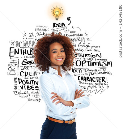 Black woman, portrait and confidence in studio for idea, words and happy on white background. Female person, letters and positive mindset for plan or business, text and pride for startup company Black woman, portrait and confidence in studio for idea, words and happy on white background. Female person, letters and positive mindset for plan or business, text and pride for startup company 142048180