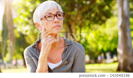 Elderly woman, vision or thinking at a park, reflection or remember with nostalgia and choice for life extension treatment. Retirement, wellness and relax with mindfulness and hope for antiaging Elderly woman, vision or thinking at a park, reflection or remember with nostalgia and choice for life extension treatment. Retirement, wellness and relax with mindfulness and hope for antiaging 142048196
