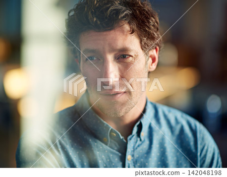 Businessman, thinking and light leak in office for brainstorming, business and start up company. Male person, memory and window reflection in professional workplace for planning, decisions and work. Businessman, thinking and light leak in office for brainstorming, business and start up company. Male person, memory and window reflection in professional workplace for planning, decisions and work. 142048198