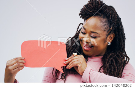 Woman, thinking and studio with speech bubble or comment, idea and promotion for advertising. Opinion, faq and quote for product placement, reply or answer for conversation on white background Woman, thinking and studio with speech bubble or comment, idea and promotion for advertising. Opinion, faq and quote for product placement, reply or answer for conversation on white background 142048202