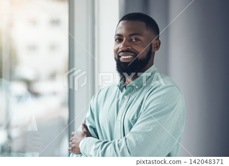 Portrait, employee and black man with arms crossed, window and corporate goals with professional and startup. Face, African person and happy consultant with career ambition and pride with confidence Portrait, employee and black man with arms crossed, window and corporate goals with professional and startup. Face, African person and happy consultant with career ambition and pride with confidence 142048371