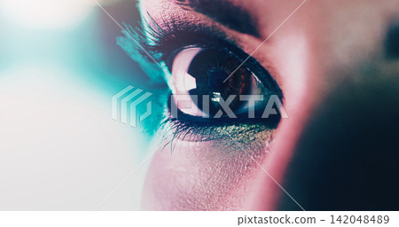 Closeup, person and makeup for eye with eyeliner, mascara and cosmetology with glamour, beauty and cosmetics. Eyeshadow, powder or foundation, zoom and iris for perception, feminine and elegance Closeup, person and makeup for eye with eyeliner, mascara and cosmetology with glamour, beauty and cosmetics. Eyeshadow, powder or foundation, zoom and iris for perception, feminine and elegance 142048489