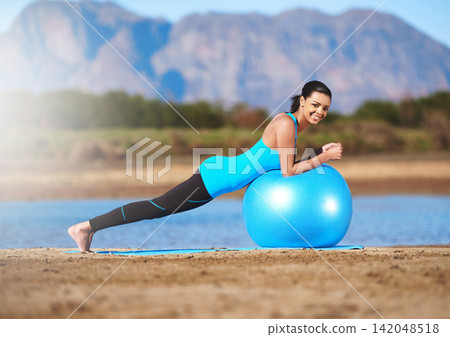 Woman, portrait and yoga ball or outdoor balance for stretching legs, pilates or mountain. Female person, fitness and outside for healthy core workout or lake physical activity, mobility or training Woman, portrait and yoga ball or outdoor balance for stretching legs, pilates or mountain. Female person, fitness and outside for healthy core workout or lake physical activity, mobility or training 142048518