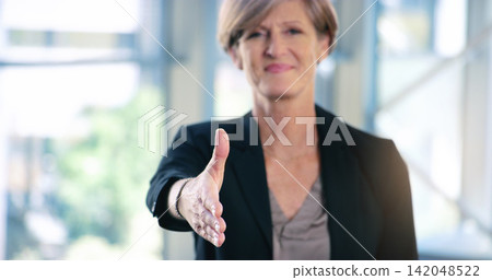 Portrait, businesswoman and handshake or welcome in office for greeting, b2b deal or agreement. Impression, mature person or hr manager with hand gesture, positive attitude or thank you in workplace Portrait, businesswoman and handshake or welcome in office for greeting, b2b deal or agreement. Impression, mature person or hr manager with hand gesture, positive attitude or thank you in workplace 142048522