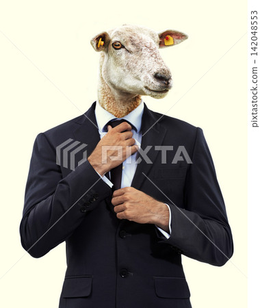 Business, sheep head and man in suit, surreal and workaholic on yellow studio background. Follower, employee and consultant with fashion or forced labour with abstract art and statement on capitalism Business, sheep head and man in suit, surreal and workaholic on yellow studio background. Follower, employee and consultant with fashion or forced labour with abstract art and statement on capitalism 142048553