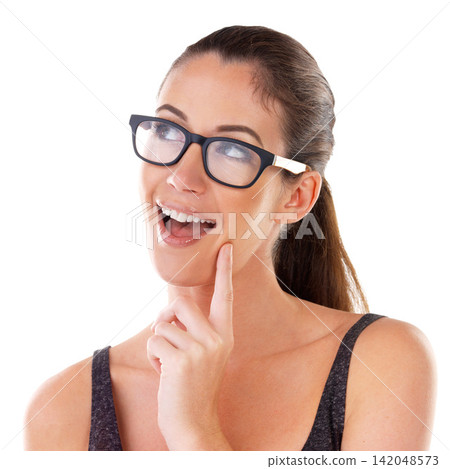 Woman, thinking and glasses for eyewear, wow idea and trendy optometry or optician prescription lens. Young person, surprise and fashionable frame to contemplate or vision on studio white background 142048573