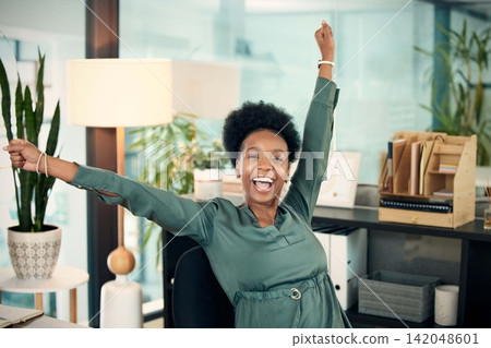 Office, black woman and excited with target or career, growth and job opportunity as hr assistant. Portrait, female employee and happy for administration work, deadline and task or project with bonus 142048601