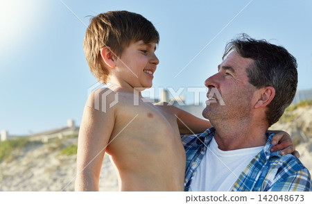 Hug, beach and father with son, vacation and bonding together with tropical island getaway and cheerful. Weekend break, embrace or family with seaside holiday and summer with love, travel or sunshine Hug, beach and father with son, vacation and bonding together with tropical island getaway and cheerful. Weekend break, embrace or family with seaside holiday and summer with love, travel or sunshine 142048673