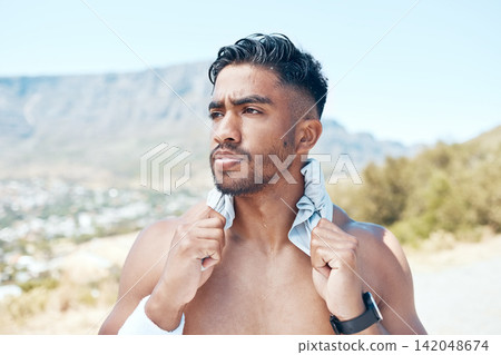 Fitness, thinking and body of man in road for running, wellness or marathon training in nature. Face, mindset and Indian athlete outdoor with workout resilience, progress or exercise attitude Fitness, thinking and body of man in road for running, wellness or marathon training in nature. Face, mindset and Indian athlete outdoor with workout resilience, progress or exercise attitude 142048674