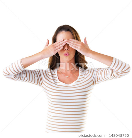 Eyes, cover and woman in studio, surprise and hide with hands, cheerful and silly for news or announcement. White background, girl and person with secret, mockup and pouting of model of Chicago Eyes, cover and woman in studio, surprise and hide with hands, cheerful and silly for news or announcement. White background, girl and person with secret, mockup and pouting of model of Chicago 142048730