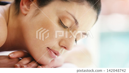 Relax, massage and woman at spa for sleep, service or holistic face treatment on hotel holiday. Self care, peace and zen, calm girl on bed for facial wellness and detox therapy with healthy rest. Relax, massage and woman at spa for sleep, service or holistic face treatment on hotel holiday. Self care, peace and zen, calm girl on bed for facial wellness and detox therapy with healthy rest. 142048742