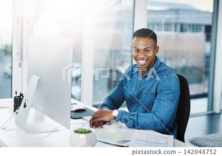 Creative, black businessman and portrait in office with computer for interior designing with construction company for project development. Employee, happy and digital technology for research or ideas Creative, black businessman and portrait in office with computer for interior designing with construction company for project development. Employee, happy and digital technology for research or ideas 142048752