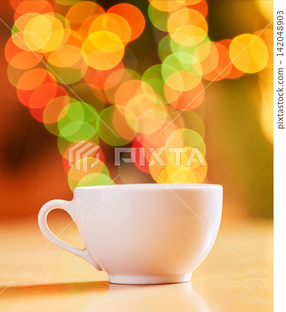 Bokeh, background and cup for coffee or tea, fine china or porcelain with crockery for drink, catering and kitchenware. Color, light and ceramic drinkware for breakfast or break time beverage at cafe Bokeh, background and cup for coffee or tea, fine china or porcelain with crockery for drink, catering and kitchenware. Color, light and ceramic drinkware for breakfast or break time beverage at cafe 142048903