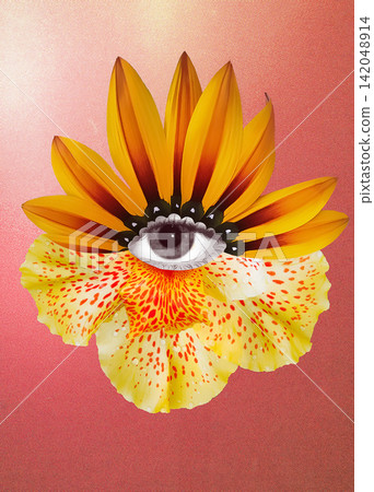 Contemporary art design. Eyeball in flower. Modern conceptual art poster with with beautiful eye in a mas surrealism style. 142048914