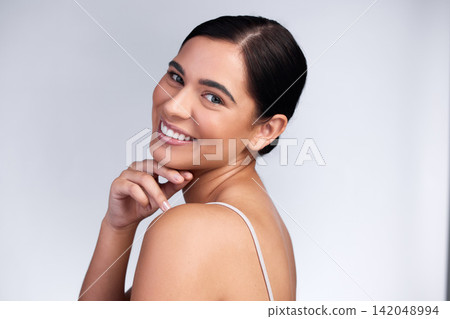 Beauty, portrait and smile with natural woman in studio isolated on white background for wellness. Aesthetic, face and relax with happy model at spa for collagen, dermatology or vitamin c treatment 142048994
