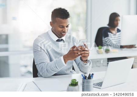 Office, business and man with smartphone, typing and connection with social media, laptop and internet. Employee, staff and consultant with cellphone, contact and message with text and digital app Office, business and man with smartphone, typing and connection with social media, laptop and internet. Employee, staff and consultant with cellphone, contact and message with text and digital app 142049058