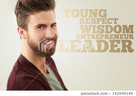 Happy, man and text overlay with business ideas from entrepreneur leader with wisdom and respect. Young, role model and words of inspiration for hard work in portrait of character or identity Happy, man and text overlay with business ideas from entrepreneur leader with wisdom and respect. Young, role model and words of inspiration for hard work in portrait of character or identity 142049149