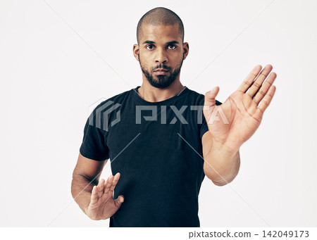 Tai chi, portrait and man in martial arts training or calm movement with hands on white background. Healthy, workout and person with skill in self defence technique or practice taekwondo exercise Tai chi, portrait and man in martial arts training or calm movement with hands on white background. Healthy, workout and person with skill in self defence technique or practice taekwondo exercise 142049173