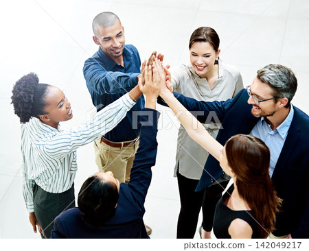 Business people, hands and group high five with support for b2b project planning for goal, target or deal. Men, woman and colleague solidarity in circle for tech startup, teamwork or collaboration Business people, hands and group high five with support for b2b project planning for goal, target or deal. Men, woman and colleague solidarity in circle for tech startup, teamwork or collaboration 142049217