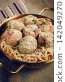 spaghetti with chicken meatballs, with cream sauce, and parmesan cheese, and decorated with microgreens, homemade, no people, 142049270