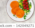crispy fried fish cutlets, fish burgers, on a white plate, with fresh lettuce leaves, arugula and cherry tomatoes, homemade, no people, 142049271