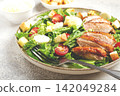 Caesar salad, with duck breast, on a light plate, on a light background, homemade, no people, 142049284