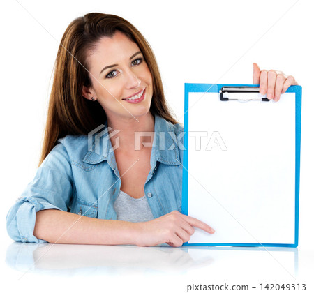 Studio, portrait and woman with blank clipboard for checklist, tips or steps on mockup space. Smile, empty paper and girl with to do list, application or sign up for registration on white background Studio, portrait and woman with blank clipboard for checklist, tips or steps on mockup space. Smile, empty paper and girl with to do list, application or sign up for registration on white background 142049313
