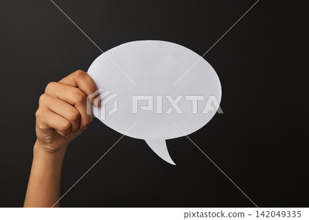 Hand, speech bubble and announcement in studio for social media, sign or thought for community. Fingers, board and poster on backdrop for digital or billboard, space for idea or advert with internet Hand, speech bubble and announcement in studio for social media, sign or thought for community. Fingers, board and poster on backdrop for digital or billboard, space for idea or advert with internet 142049335