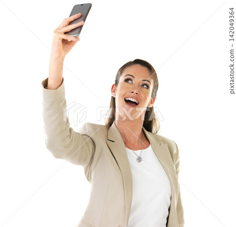Selfie, woman and smartphone with studio, smile and social media for profile picture and online post. Happy, professional and person with happy for video call or networking on white background Selfie, woman and smartphone with studio, smile and social media for profile picture and online post. Happy, professional and person with happy for video call or networking on white background 142049364