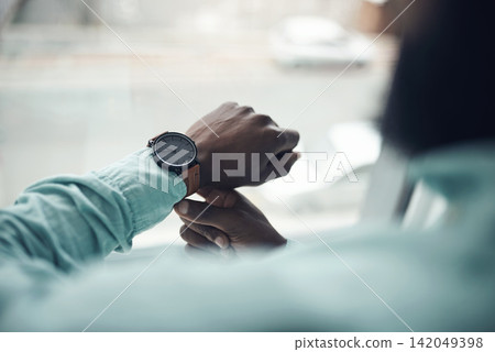 Business, person and watch to check time, schedule or appointment for meeting, deadline or reminder to be punctual. Professional agenda, plan and urgency with wristwatch, accessory or jewelry Business, person and watch to check time, schedule or appointment for meeting, deadline or reminder to be punctual. Professional agenda, plan and urgency with wristwatch, accessory or jewelry 142049398