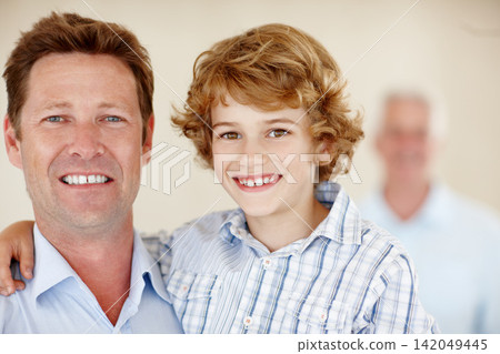 Happy, hug and portrait of father and child in home together for bonding, relationship and fun. Family, childhood and dad, young boy and grandfather embrace for love, support and relax on weekend Happy, hug and portrait of father and child in home together for bonding, relationship and fun. Family, childhood and dad, young boy and grandfather embrace for love, support and relax on weekend 142049445