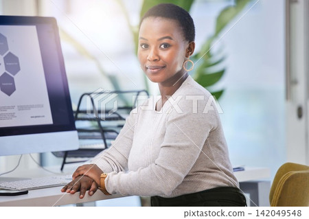 Portrait, business and confident black woman in office at desk by computer for career or job at startup company in Kenya. Face, professional and African entrepreneur, creative web designer and worker Portrait, business and confident black woman in office at desk by computer for career or job at startup company in Kenya. Face, professional and African entrepreneur, creative web designer and worker 142049548