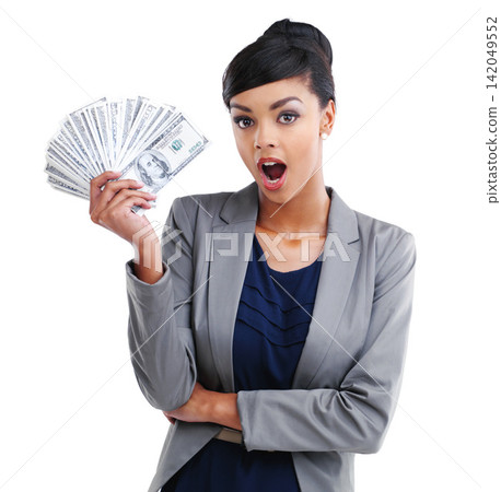 Girl, portrait and wow in studio with money for business promotion or lottery winner and dollars income or cashback. Woman, surprised and cash on white background for gambling, investment and savings Girl, portrait and wow in studio with money for business promotion or lottery winner and dollars income or cashback. Woman, surprised and cash on white background for gambling, investment and savings 142049552