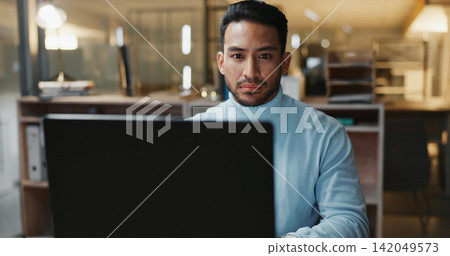 Laptop, serious and business man reading online for research, assessment and financial career. Male person, accounting and technology for budget planning, evaluation and review information or report Laptop, serious and business man reading online for research, assessment and financial career. Male person, accounting and technology for budget planning, evaluation and review information or report 142049573