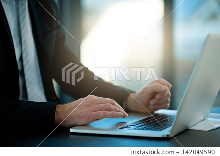Hands, laptop and office for businessman, research and internet for online email. Data broker, technology and professional workplace for social network, clients and company employee or manager Hands, laptop and office for businessman, research and internet for online email. Data broker, technology and professional workplace for social network, clients and company employee or manager 142049590