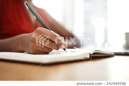 Hand, writing and notes in planner with schedule for university, class or ideas for research. Person, planning and reminder in calendar with deadline info or creative solution to college project Hand, writing and notes in planner with schedule for university, class or ideas for research. Person, planning and reminder in calendar with deadline info or creative solution to college project 142049596