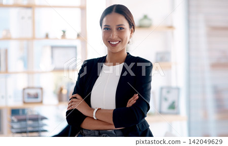 Portrait, business and woman with arms crossed, smile and professional in modern office and confidence. Face, person and employee with pride for career and affirmative action with lawyer and attorney Portrait, business and woman with arms crossed, smile and professional in modern office and confidence. Face, person and employee with pride for career and affirmative action with lawyer and attorney 142049629