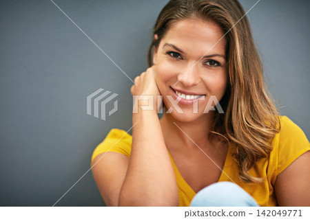 Wall, smile and woman in room, portrait and relax for weekend, Gen z and streetwear for fashion in house. Grey background, happiness and girl in apartment, cheerful and comfortable on ground of home Wall, smile and woman in room, portrait and relax for weekend, Gen z and streetwear for fashion in house. Grey background, happiness and girl in apartment, cheerful and comfortable on ground of home 142049771