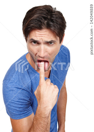 Man, studio and gesture with finger for nausea or disgust, expression or symbol or sick. Male person, hand sign and mouth on backdrop with pointer for puke, turn off or gross in Amsterdam or Europe Man, studio and gesture with finger for nausea or disgust, expression or symbol or sick. Male person, hand sign and mouth on backdrop with pointer for puke, turn off or gross in Amsterdam or Europe 142049889