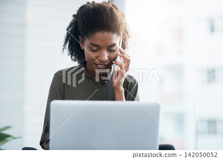 Phone call, employee and woman with laptop, office and connection with typing, app and online reading. Happy person, consultant and agent with computer, smartphone and contact with research or office Phone call, employee and woman with laptop, office and connection with typing, app and online reading. Happy person, consultant and agent with computer, smartphone and contact with research or office 142050052