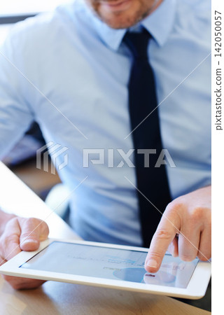 Hands, man and tablet at desk for schedule planning, payroll and online work in professional office. Digital notebook, trader and research in workplace for investment, startup and finance management. Hands, man and tablet at desk for schedule planning, payroll and online work in professional office. Digital notebook, trader and research in workplace for investment, startup and finance management. 142050057