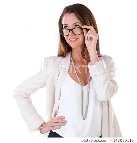 Glasses, thinking and business woman in studio with ideas, career opportunity and focus. Vision, planning or creative girl isolated on white background for inspiration, insight or happy smile on face Glasses, thinking and business woman in studio with ideas, career opportunity and focus. Vision, planning or creative girl isolated on white background for inspiration, insight or happy smile on face 142050116