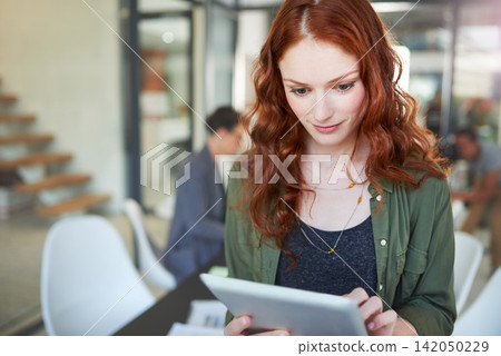Business, woman and digital tablet in office with smile for creative research, schedule check and planning. Entrepreneur, employee and reading online article for project, communication and web search Business, woman and digital tablet in office with smile for creative research, schedule check and planning. Entrepreneur, employee and reading online article for project, communication and web search 142050229