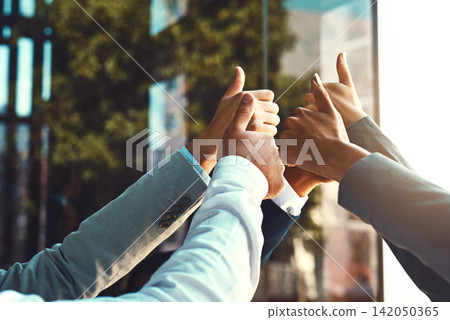 Diversity, business and hands of team thumbs up in office building for unity with support, trust and yes for collaboration. People, huddle and gesture together for success for partnership and goals. Diversity, business and hands of team thumbs up in office building for unity with support, trust and yes for collaboration. People, huddle and gesture together for success for partnership and goals. 142050365