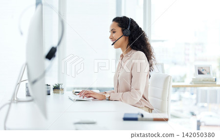 Call center, computer and happy consultant woman in telemarketing office for online assistance or help. Contact us, desk and microphone with sales agent or operator in workplace for customer support Call center, computer and happy consultant woman in telemarketing office for online assistance or help. Contact us, desk and microphone with sales agent or operator in workplace for customer support 142050380