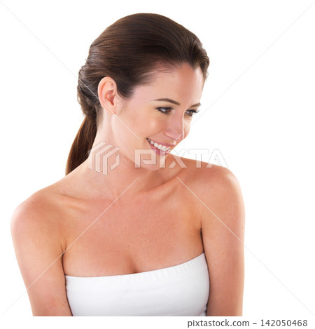 Thinking, beauty and skincare of happy woman in studio for dermatology, shine and face isolated on a white background. Smile, cosmetics and natural model in spa for glow, wellness and body health Thinking, beauty and skincare of happy woman in studio for dermatology, shine and face isolated on a white background. Smile, cosmetics and natural model in spa for glow, wellness and body health 142050468