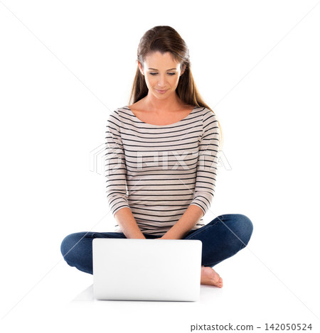 Laptop, search and woman in studio with streaming, service or sign up subscription on white background. Pc, reading and model with social media, newsletter or watching online video, movie or show Laptop, search and woman in studio with streaming, service or sign up subscription on white background. Pc, reading and model with social media, newsletter or watching online video, movie or show 142050524